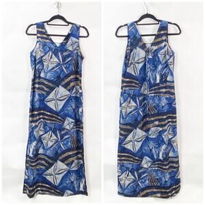 2/$30 Tribal 10 Womens Blue Beige Print Long Hawaiian Tank Maxi Dress